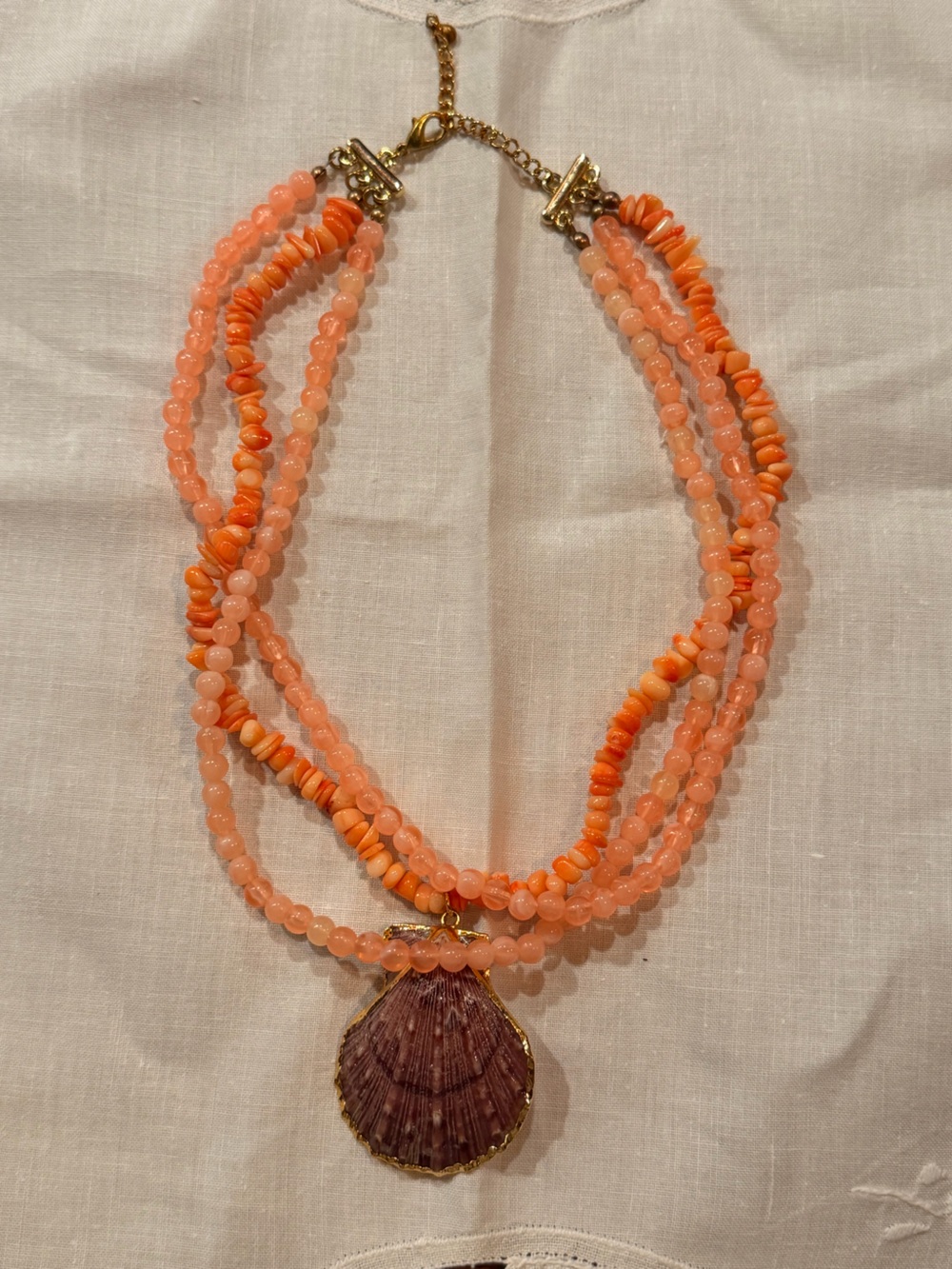 Vintage coral Beaded Multi-Strand Necklace with Shell Pendant - Women Jewelry